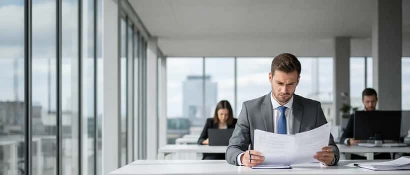 Deutscher Angestellter prüft Arbeitsvertrag am Schreibtisch nach Ankündigung von Führungswechsel im Unternehmen