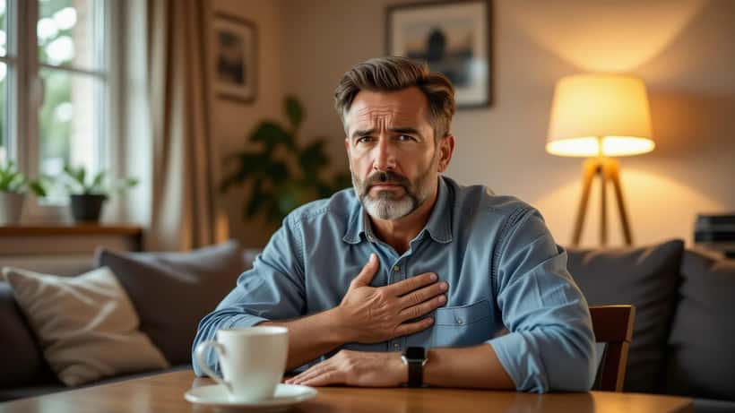 Middle-aged man at home pressing a hand to his chest with a pained expression, a warning sign of a heart attack