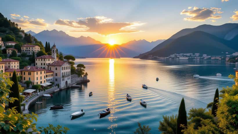 Como-järvi Italiassa auringonlaskun aikaan, huvilat ja vuoret taustalla
