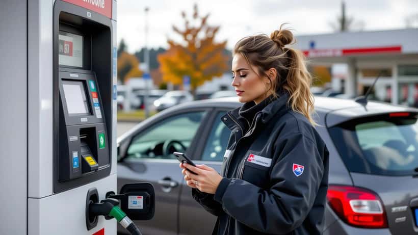 Infirmière faisant le plein de sa citadine dans une station-service française, smartphone en main