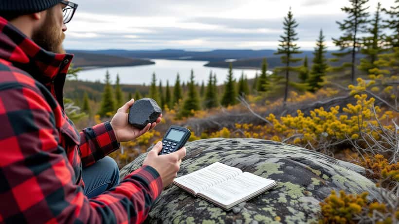 Rockhound holding a dark iron meteorite fragment in a remote northern Quebec forest clearing