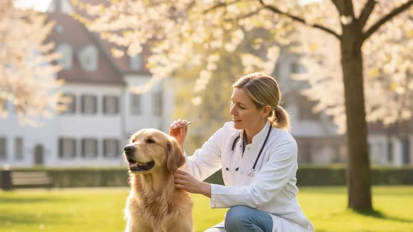 Deutsche Tierärztin untersucht goldenen Retriever auf Zecken in einem Münchner Frühlingspark