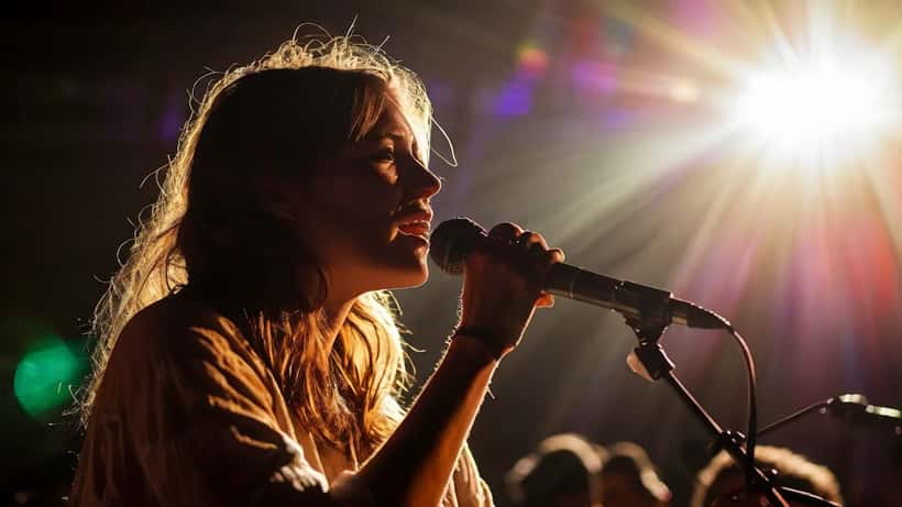 Naislaulaja esiintyy mikrofonin kanssa konserttilavan valokeilassa
