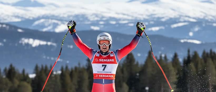 Norsk alpinist i renndrakt jubler ved målgang på snødekt slalåmbakke i Lillehammer