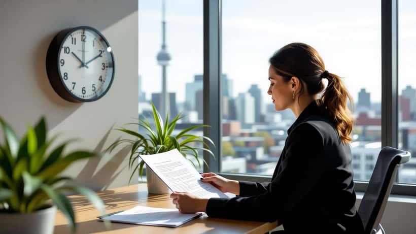 HR professional reviewing employment contract beside wall clock in Winnipeg office