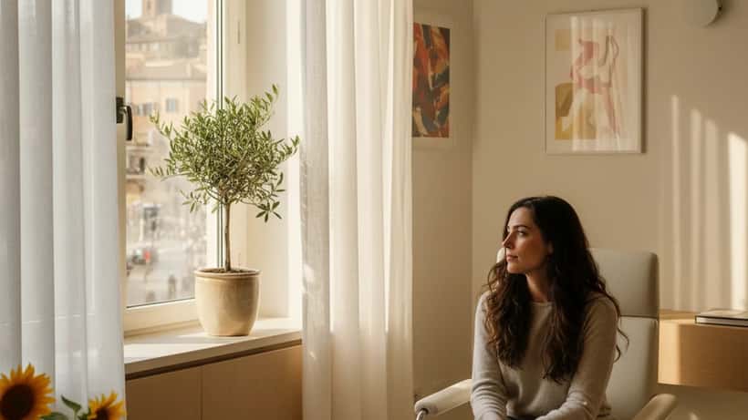 Donna italiana in studio di psicoterapia a Roma, luce pomeridiana mediterranea, espressione riflessiva