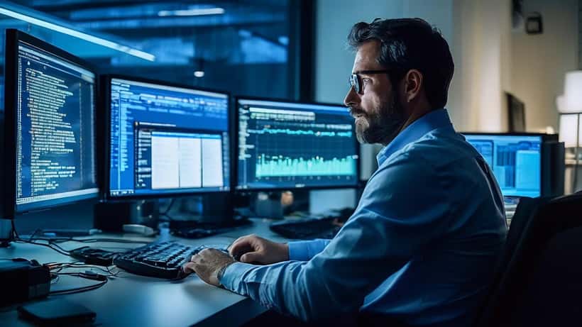 Consulente IT italiano monitora un sistema di allerta violazione dati in un ufficio moderno a Milano