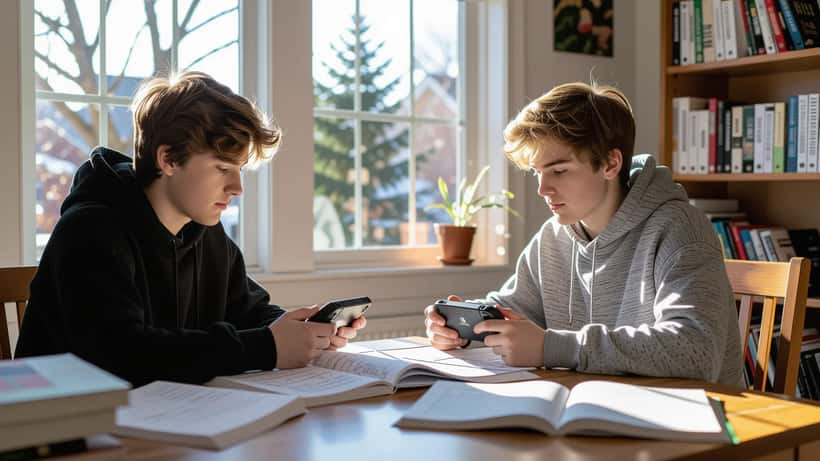 Student at study desk holding Nintendo Switch 2 surrounded by math textbooks and handwritten worksheets, warm afternoon light, documentary photo