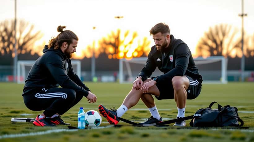 Veteran footballer doing a strength and mobility session with a physiotherapist on a pitch