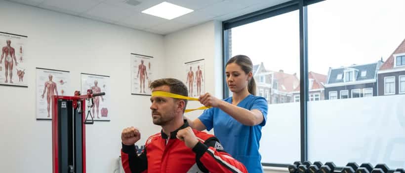Motorsportsporter voert nekspiertraining uit bij sportarts in Amsterdam