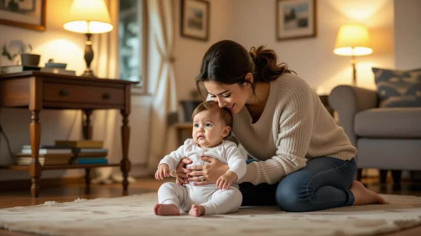 Mãe portuguesa a verificar a cabeça do bebé após queda em casa, expressão preocupada