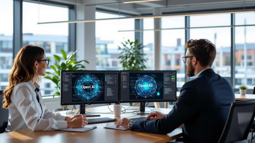 Norsk bedriftsleder og IT-konsulent diskuterer OpenAI-løsninger i et moderne kontor i 2026