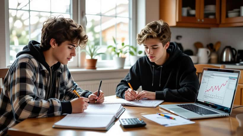 A math tutor and teenage student reviewing cricket batting statistics and a runs graph in a notebook at a kitchen table.