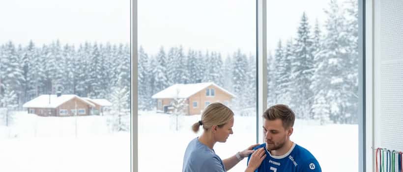 Suomalainen urheilulääkäri tutkii käsipalloilijan hartian modernissa urheiluklinikassa