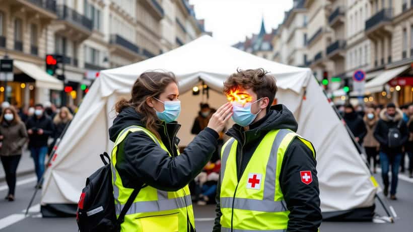 Infirmière soignant un manifestant exposé aux gaz lacrymogènes lors de la manifestation anti-G7 à Genève 2026