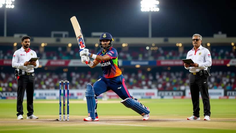 Un stade IPL en Inde illuminé lors d'un match de cricket, symbolisant la pression des compétitions professionnelles sur les jeunes athlètes