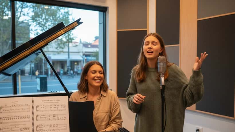 Voice coach teaching student to sing in Melbourne music studio
