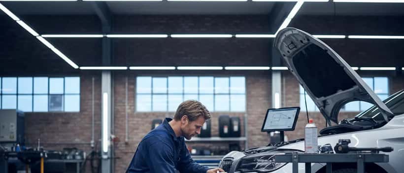 Automonteur controleert remblokken van sportieve auto in garage voor trackday