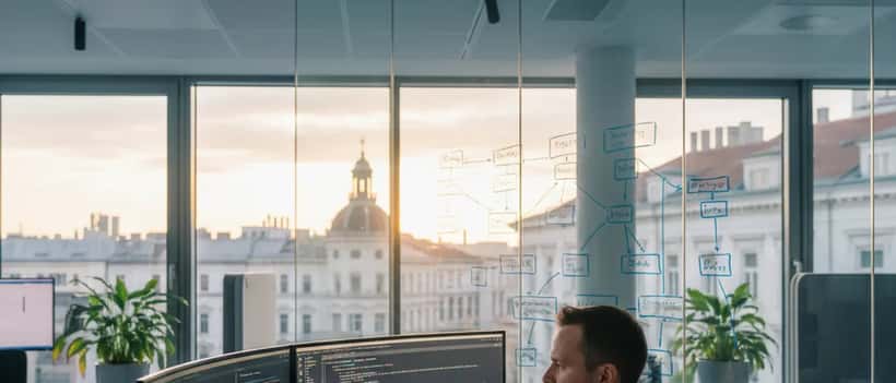 Österreichischer IT-Spezialist an einem modernen Arbeitsplatz in Wien mit Code auf zwei Bildschirmen