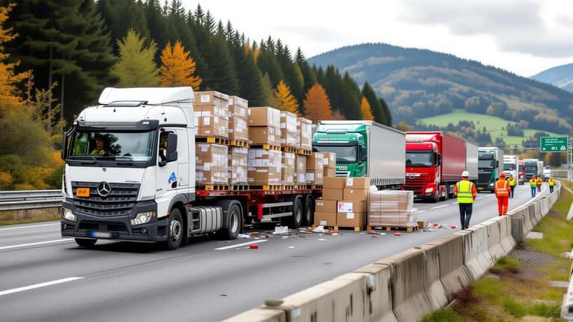 Verunglückter Sattelzug mit verstreuter Ladung auf der gesperrten A2 Südautobahn