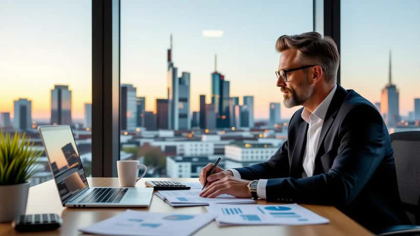 Vermögensberater bespricht Finanzplanung nach einem Millionengewinn mit einem Kunden in modernem Frankfurter Büro