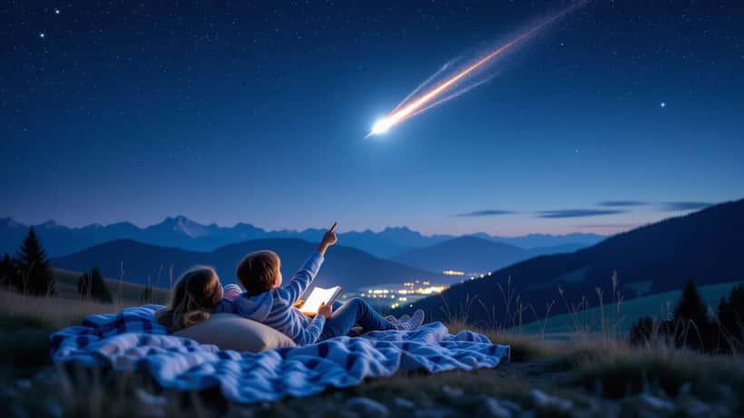Kind zeigt auf einen leuchtenden Meteor am Nachthimmel über einer österreichischen Landschaft