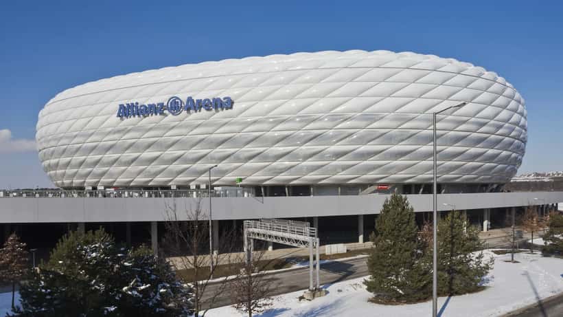 Allianz Arena in Munich, the host stadium for the 2026 UEFA Champions League Final fronted by ITV and TNT Sports presenter Laura Woods