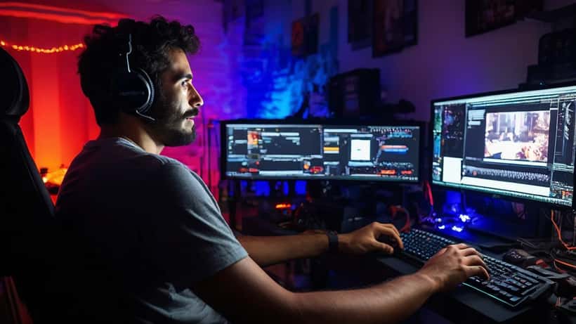Criador de conteúdo brasileiro em setup de streaming com monitores e microfone em apartamento