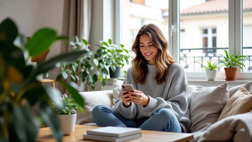 Femme consultant les réglages de sécurité de son iPhone sur un canapé dans un appartement lumineux