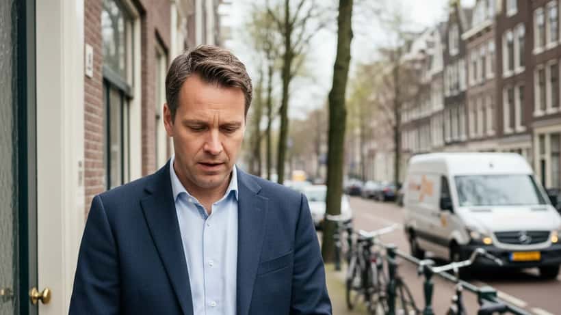 Nederlandse consument aan de voordeur houdt smartphone vast met mislukte bezorgmelding van PostNL