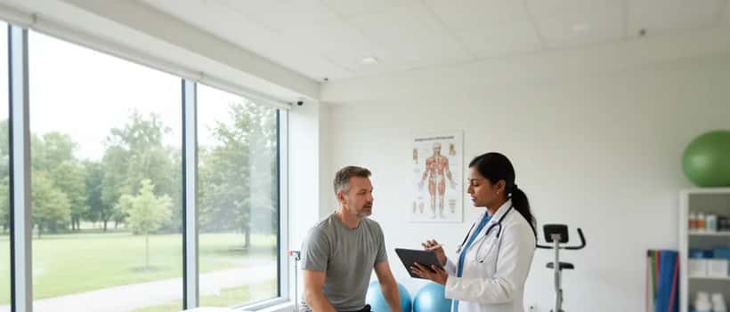 Sports medicine doctor reviewing health assessment with a middle-aged male athlete in a clinic
