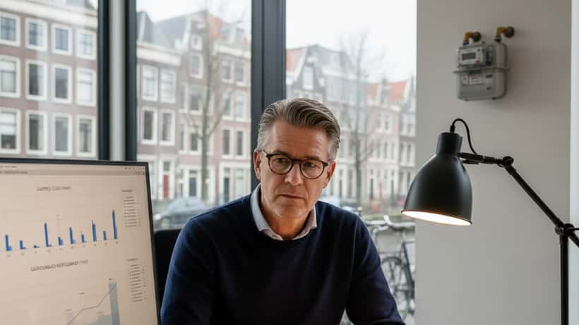 Nederlandse man bekijkt energieprijzen en gasvoorraden op laptop thuis in Amsterdam