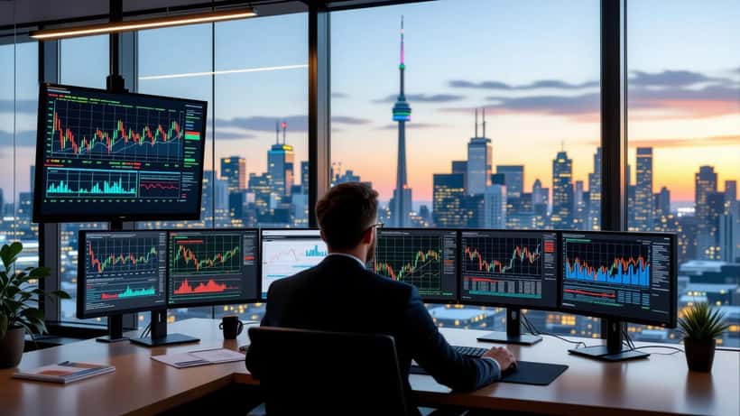 Graphique boursier Dow Jones 2026 avec skyline de Toronto