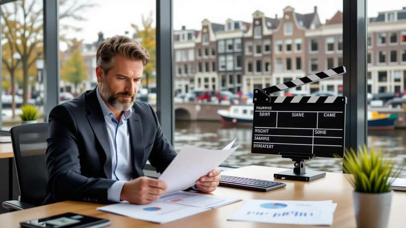 Financieel adviseur bekijkt filmproductie investeringsdocumenten in Amsterdam kantoor 2026