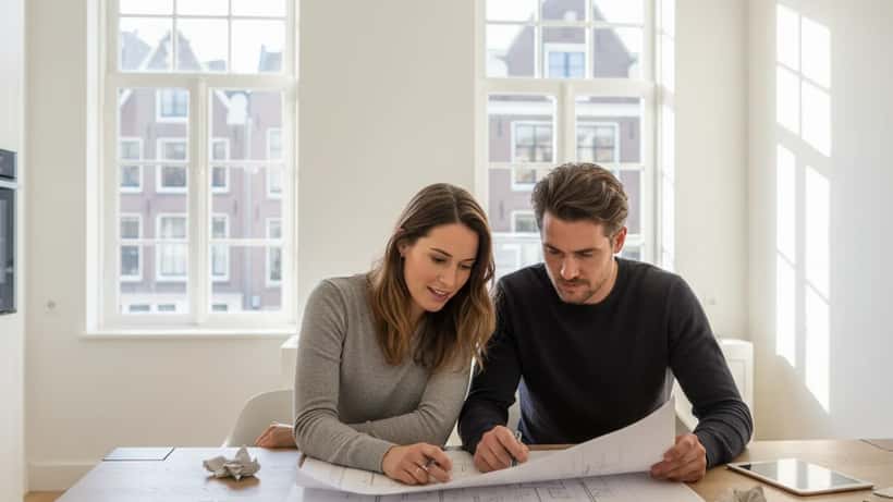 Nederlands stel bespreekt renovatieplannen aan de keukentafel met blauwdrukken en materiaalkeuzes