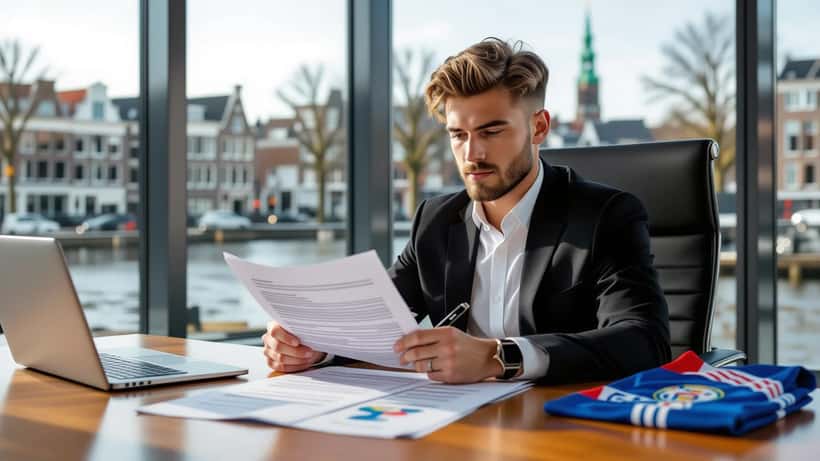 Jonge voetballer ondertekent profcontract in boardroom, financiële documenten op tafel