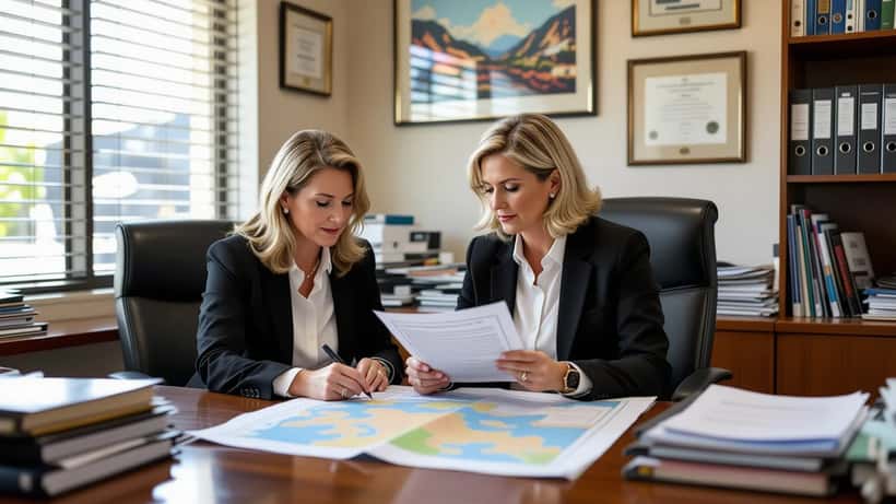 Australian solicitor reviewing hiking trail map and coronial inquest case file in Sydney law office