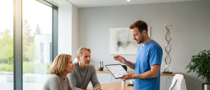 Arzt erklärt einem Patienten Bluttest-Ergebnisse zur Alzheimer-Früherkennung in einer modernen Klinik