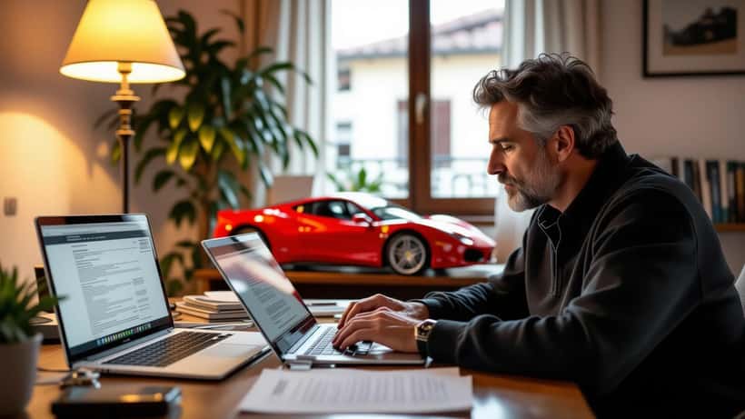 Uomo che legge un contratto di prenotazione auto sportiva al computer accanto alla ricevuta di un bonifico