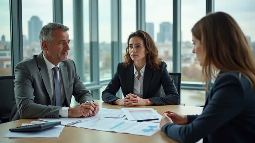 Financial adviser reviewing loan documents with a couple in a London office
