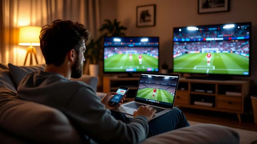 Homme regardant un flux de football pirate sur un ordinateur portable, carte bancaire à la main devant une fausse page de paiement IPTV