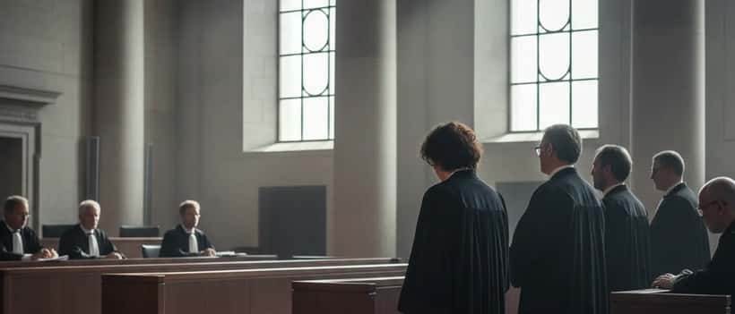Salle d'audience d'une cour d'assises française avec avocats en robe et famille de victime