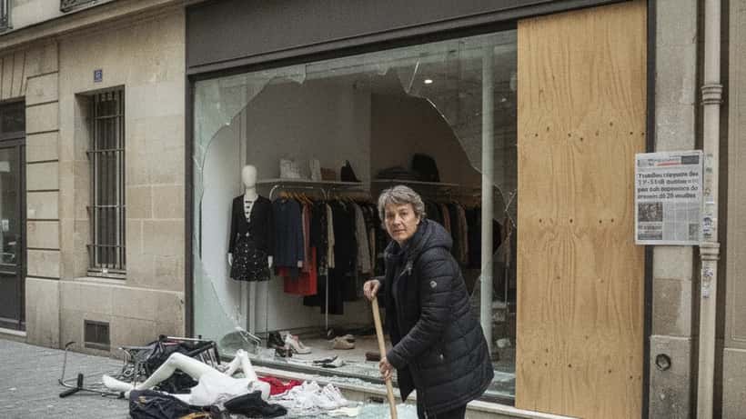 Commerçant balayant des éclats de verre devant une vitrine brisée