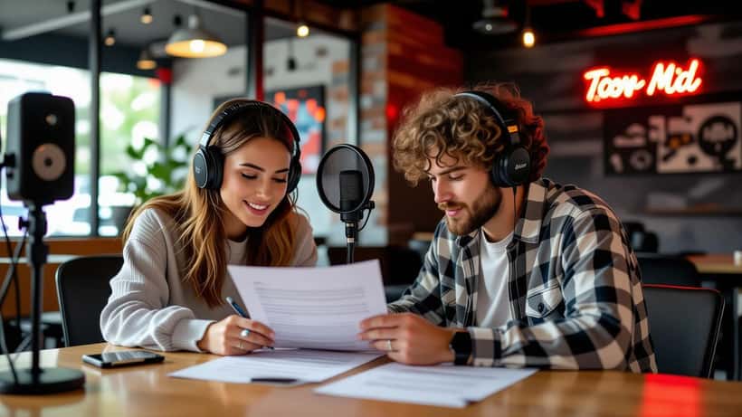 Parent and teenager reviewing a contract in a recording studio lobby