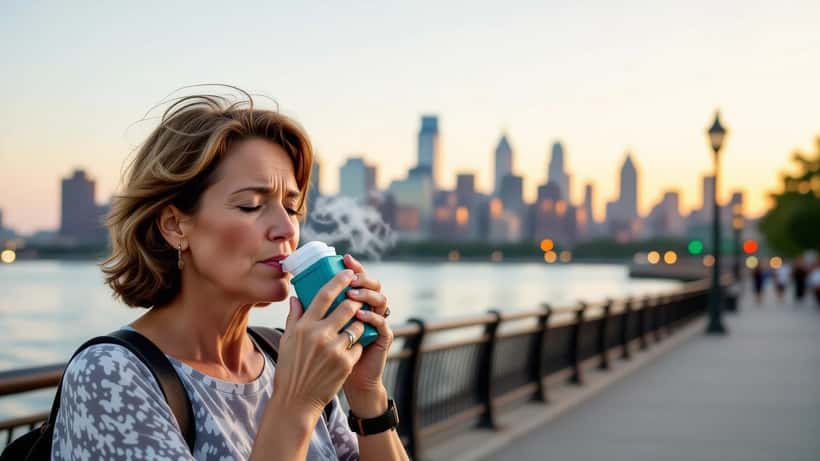 Woman using an asthma inhaler on a Philadelphia sidewalk under hazy, smog-tinted summer sky during a Code Orange ozone alert