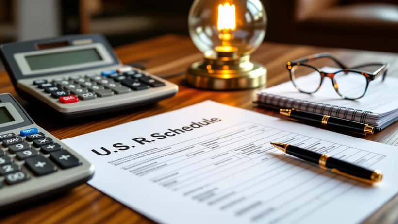 Formulario del IRS, carta de donación caritativa y calculadora sobre un escritorio de oficina en casa.