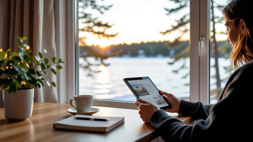 Person läser Nya Wermlands-Tidningen digitalt på en surfplatta i ett ljust vardagsrum med utsikt över Värmland