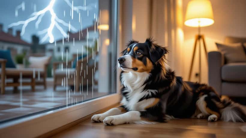 Cão ansioso escondido sob um sofá durante uma trovoada em apartamento em Lisboa, relâmpagos visíveis pela janela