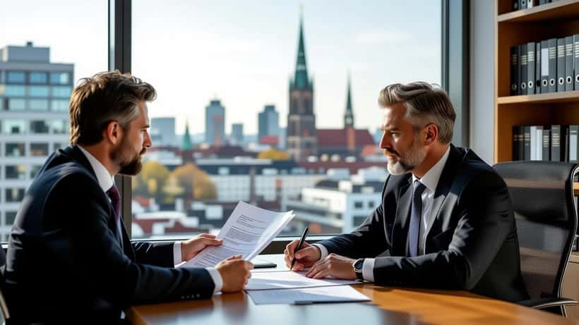 Führungskraft im Gespräch mit Arbeitsrechtsanwalt in modernem Berliner Büro über Kündigung