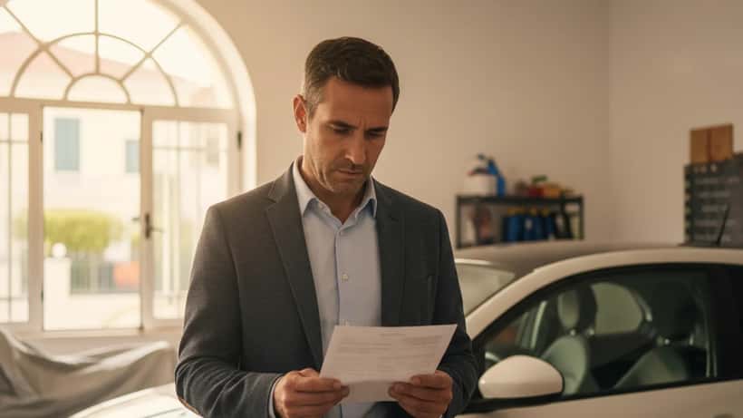 Proprietário de carro português verifica notificação de recall da Stellantis junto ao seu veículo híbrido numa garagem em Lisboa